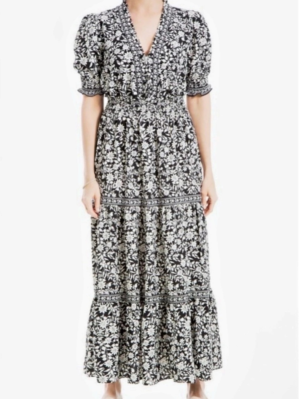 Max Studio London • Women’s Boho Navy Cream Smocked Waist Maxi Dress NWT